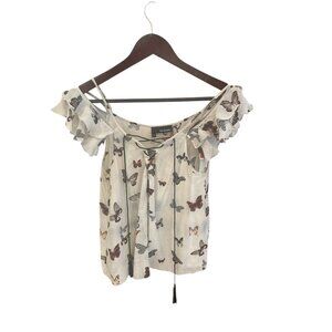 The Kooples Womens Off-Shoulder Butterfly Print Silk Top M - Lace-Up Front & Ruf
